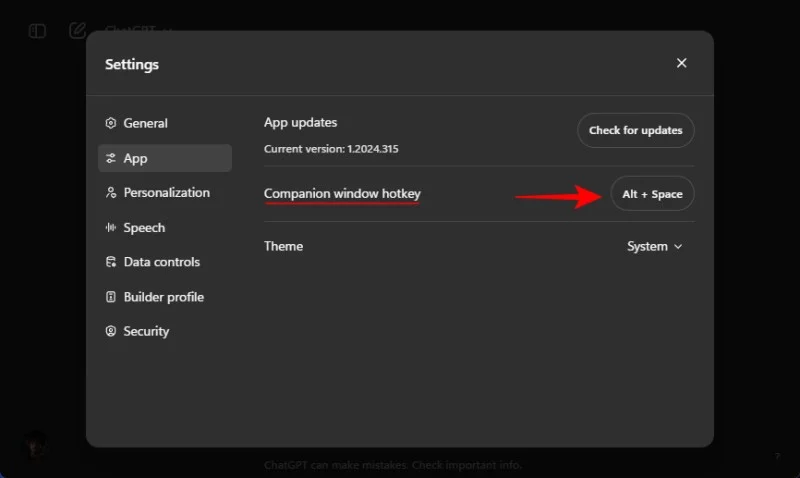How to change ChatGPT shortcut key on Windows