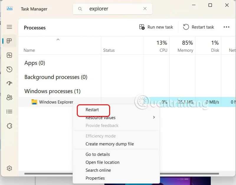 Donmuş bir Windows Gezgini nasıl yeniden başlatılır