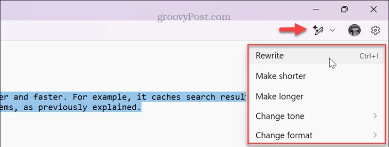 AI kullanarak Not Defteri metnini yeniden yazma talimatları