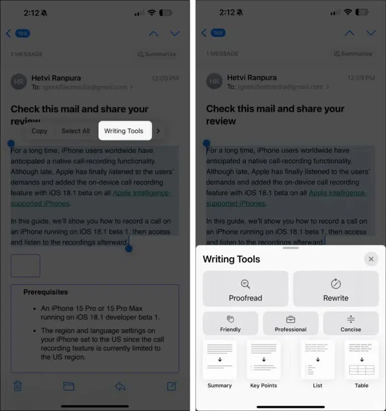 iPhone 메일에서 Apple Intelligence를 사용하는 방법