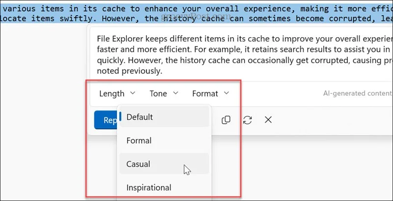 AI kullanarak Not Defteri metnini yeniden yazma talimatları
