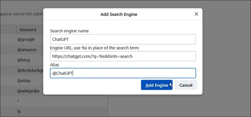 ChatGPT instellen als standaardzoekmachine in Firefox
