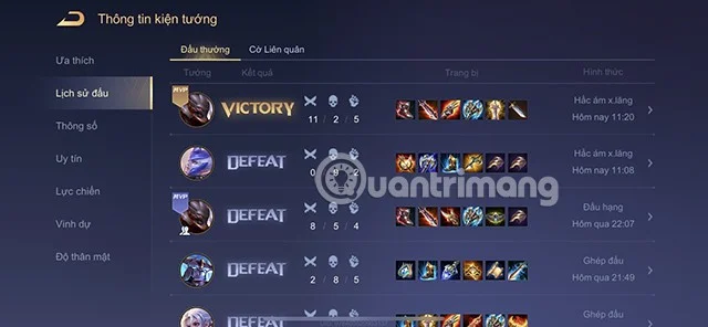 Lien Quan maç geçmişinin nasıl gizleneceğine dair talimatlar