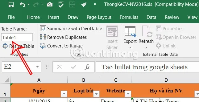 Instruções para nomear tabelas do Excel