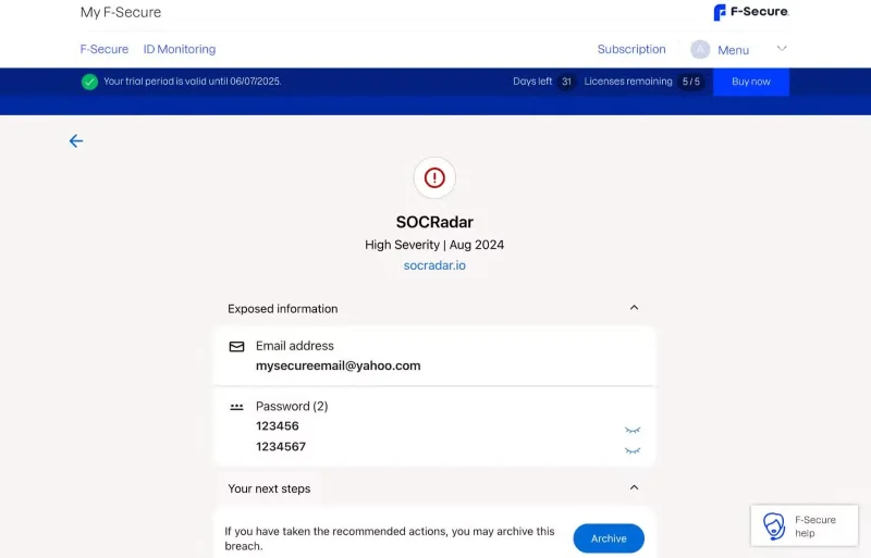 Learn about dark web tracking service F-Secure ID Protection