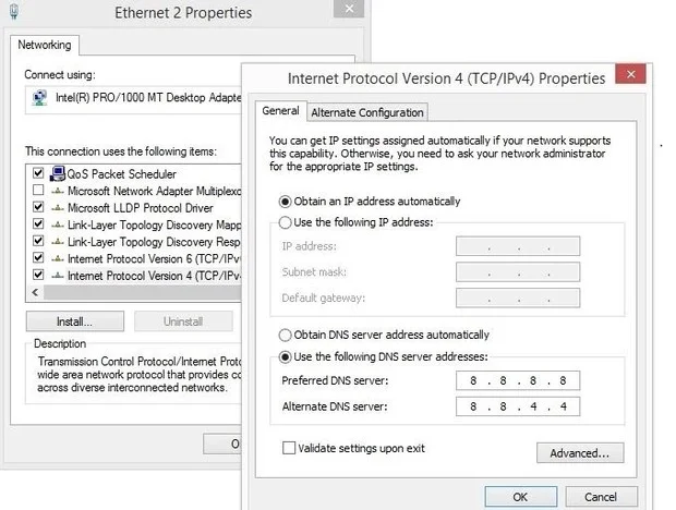 Instructions to change Google DNS 8.8.8.8 and 8.8.4.4