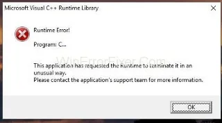 Błąd biblioteki wykonawczej Microsoft Visual C++ w systemie Windows 10