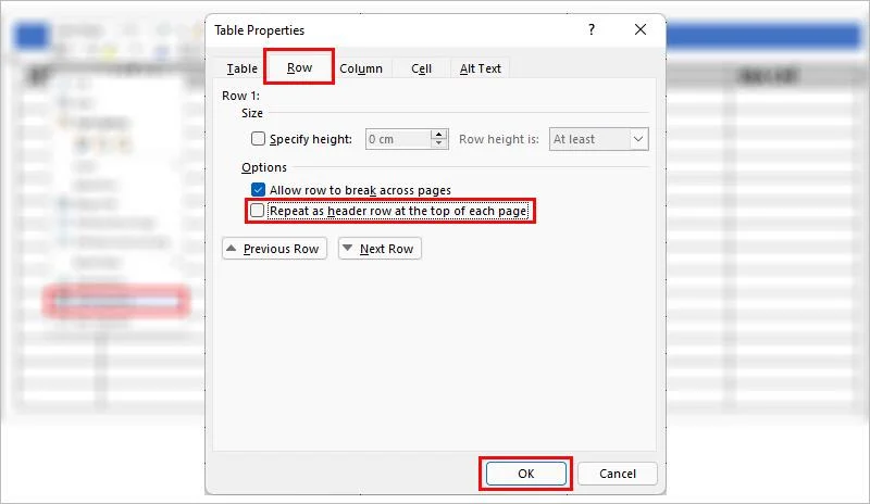 How to repeat the title in Word for tables, printing